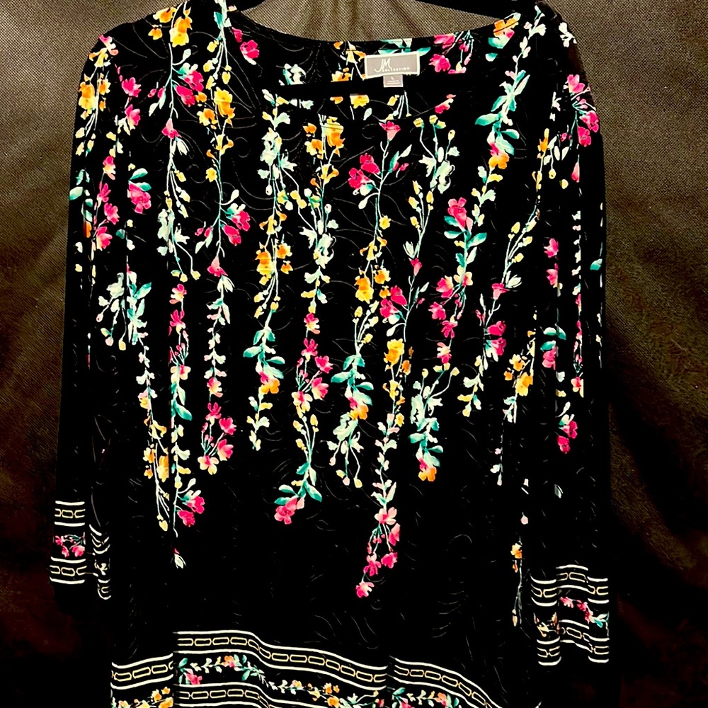 Nina Leonard Black Velvet Floral Tunic with Pink, Yellow & Teal Accents